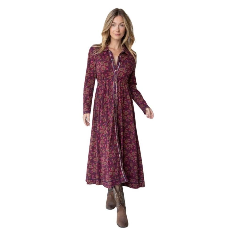 Natural Life Floral Maxi Shirt Dress L Burgundy Boho Button Front Cottagecore